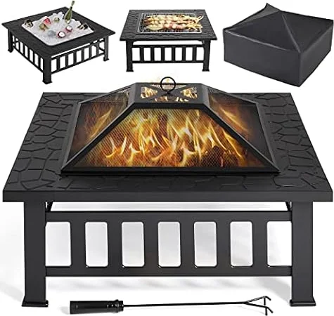 Yaheetech Fire Pit for Garden, 3-in-1 Outdoor Square Firepit, 86cm, Black