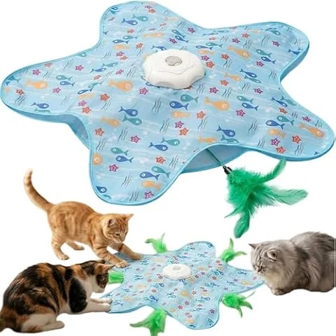 Speedy Panther Interactive Cat Toy with Moving Feather, Automatic Hide and Seek Toy for Indoor Cats Adult Kitten, Mouse Squeaky, USB Rechargeable, Blue