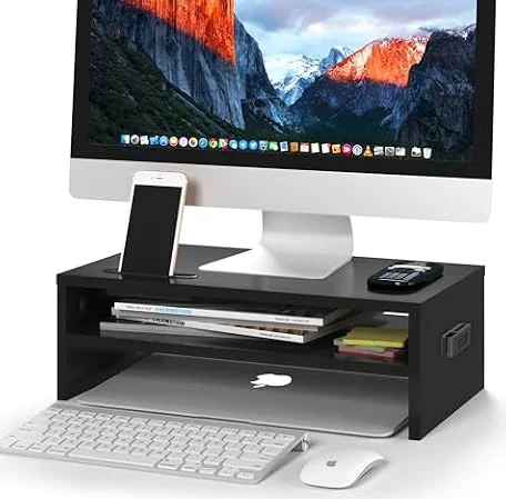 BONTEC Monitor Stand Riser, 2-Tier Wooden Desk Riser, 30 kg Load, Black