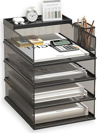 5 Tier Stackable Letter Tray Office Desk Paper Organizer File Trays, Desktop Holder for Paper Letter Accessories with Pen Holder (4)