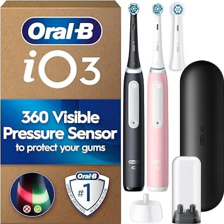 Oral-B iO3 Duo Electric Toothbrushes, 2 Handles, Matt Black and Blush Pink