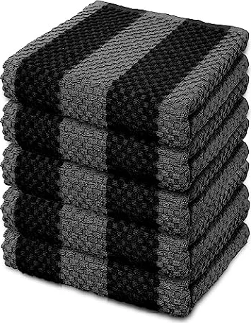 LIXURIATE Stripe Designed Tea Towels for Kitchen - 100% Cotton | Super Absorbent & Quick Drying Hotel Quality Kitchen Towels Set | Machine Washable for Everyday Use (Grey & Black, 5 Pack)