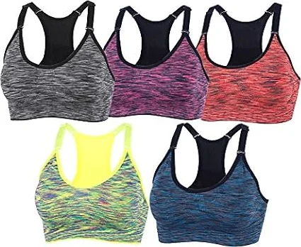xcylive Women 5 Pack Adjustable Straps and Removable Pads Tank Top Seamless Racerback Sports Bra, 5 Pack(blue+red+green+purple+gray), M