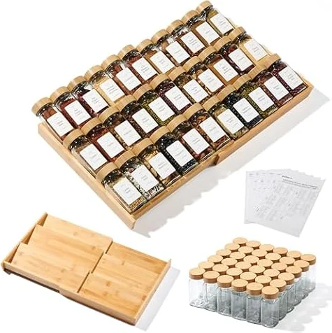 KitHero 3-Tier Expandable Bamboo Spice Drawer Organizer, Adjustable Width 12" to 21", Kitchen Storage with 36 Glass Jars & Bamboo Lids, 216 Labels, Non-Slip Design for Cabinet & Countertop